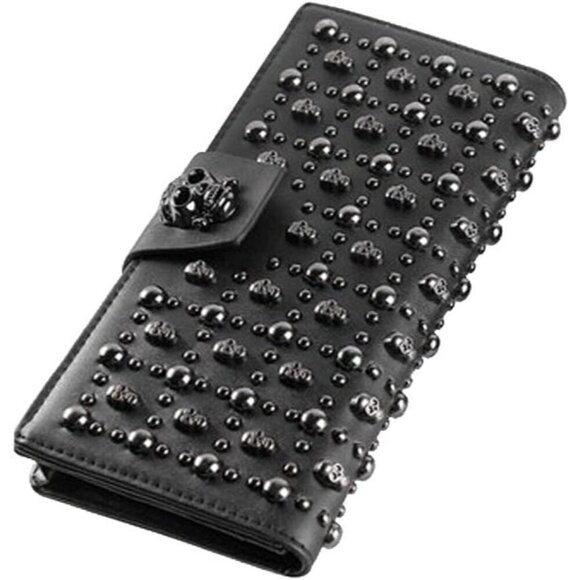 Shinywear Handbags - 🆕Shinywear Leather Card Holder Women Black Long Skull Studded Genuine Wallet